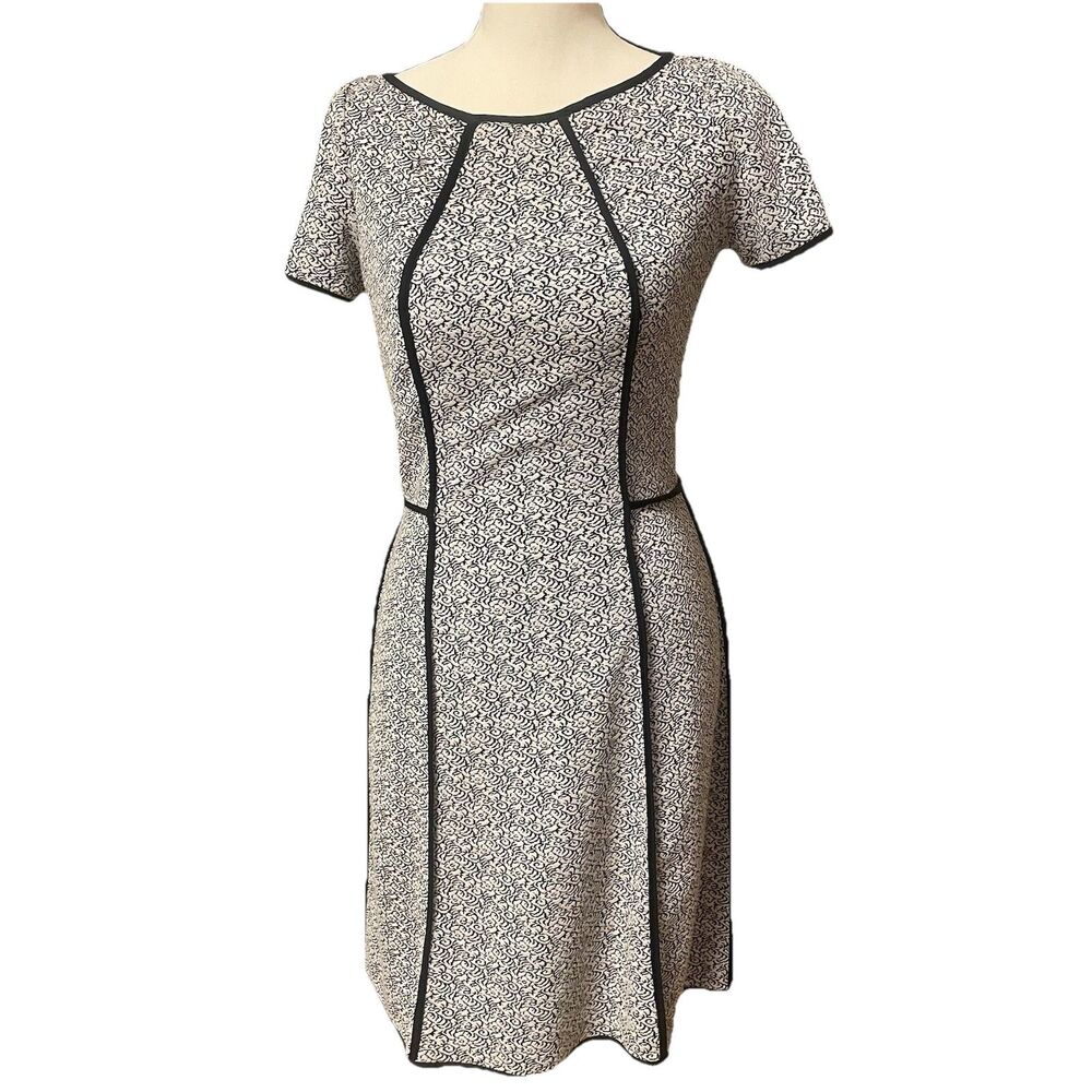 Anthropologie Yoana Baraschi Size 4 Floral Knit Sheath Dress Black White Piping